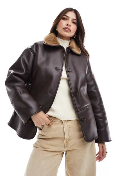 Pull&Bear faux leather coat with contrast shearling collar in dark brown - view 1