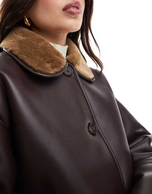 Pull Bear faux leather coat with contrast shearling collar in dark brown ASOS