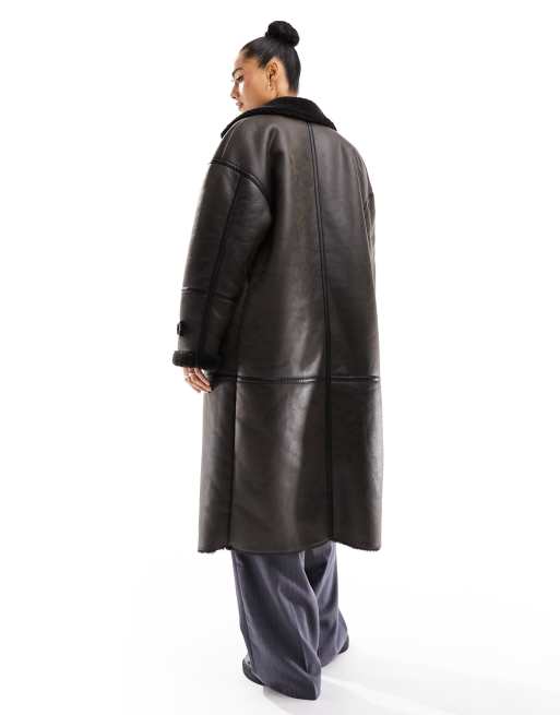 Pull&Bear faux leather contrast shearling detail longline coat in