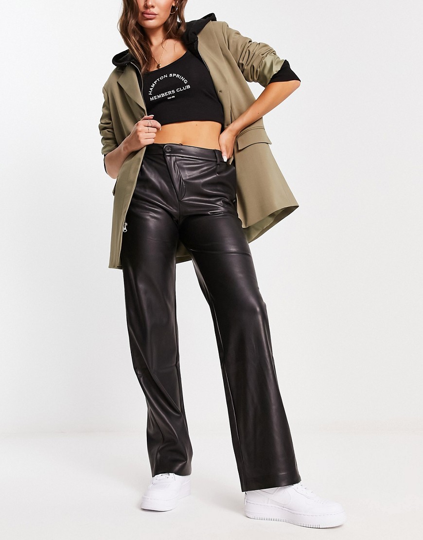 Pull & Bear faux leather contrast stitching mid waist straight leg trouser co-ord in black