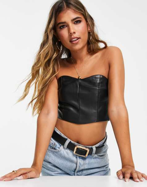 Express Grey Lab Faux Leather Corset Crop Top Black Women's XS