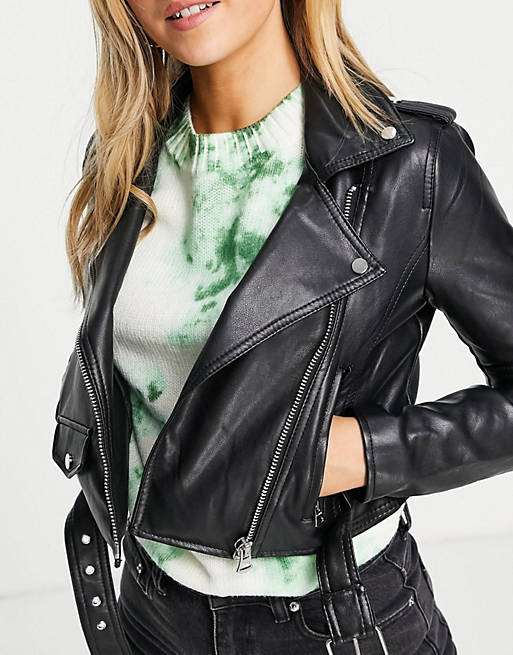  Pull&Bear faux leather cropped biker jacket in black 
