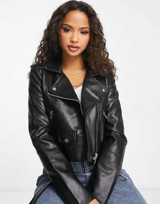 Pull&Bear Women's' Black Oversize Faux Leather Biker Jacket