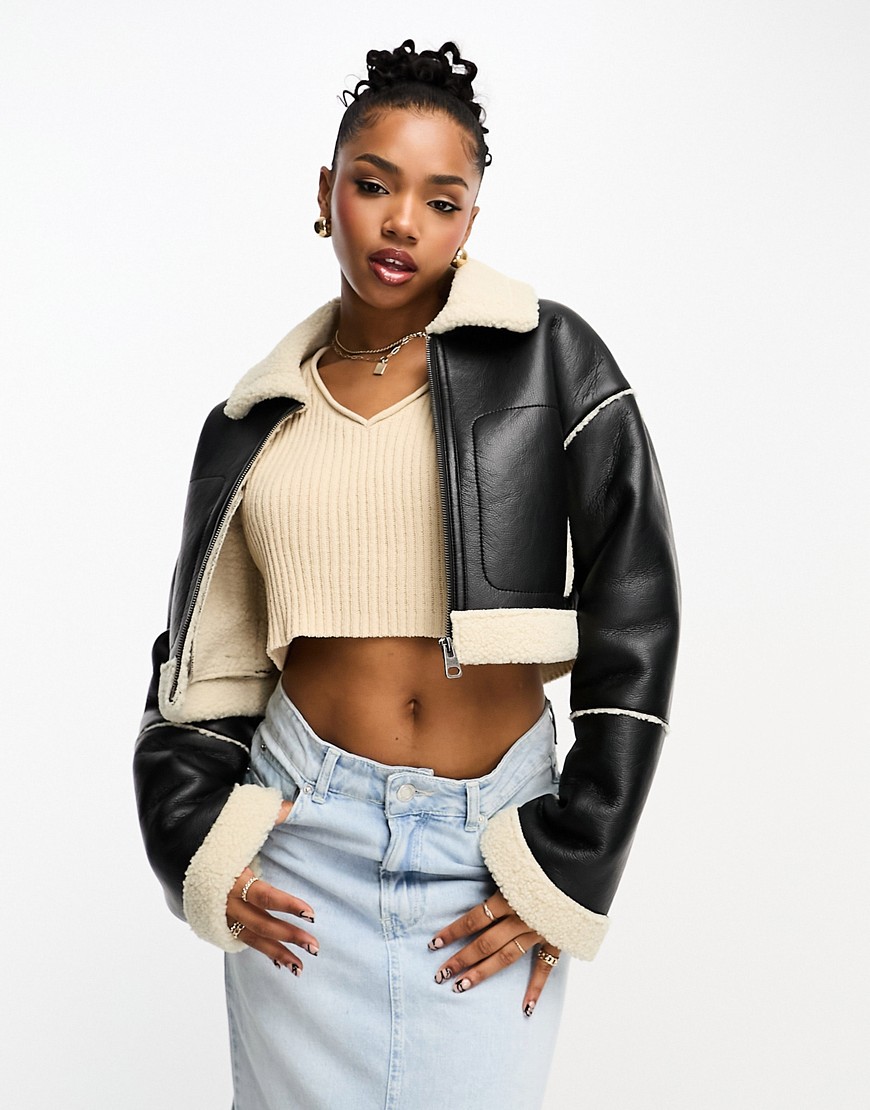 Pull & Bear faux leather cropped shearling detail jacket in black