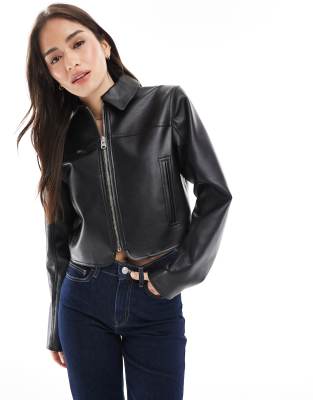 PULL & BEAR FAUX LEATHER DAD COLLAR JACKET IN BLACK