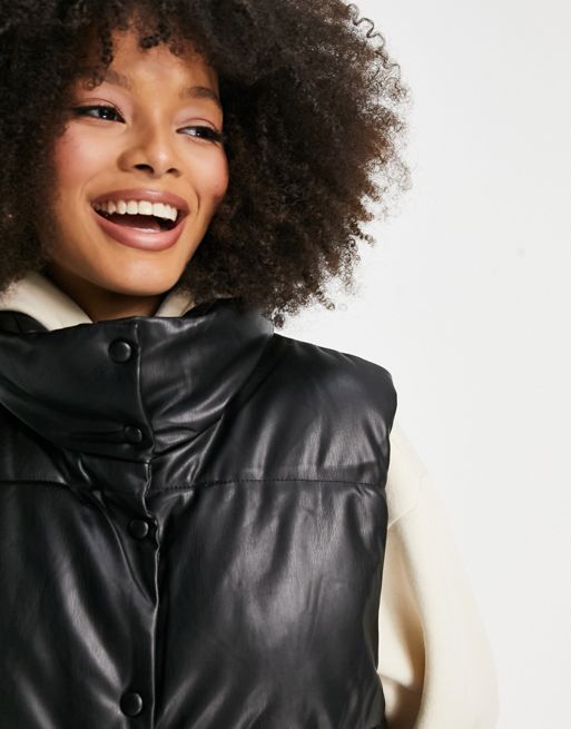 Pull&Bear faux leather puffer gilet in black