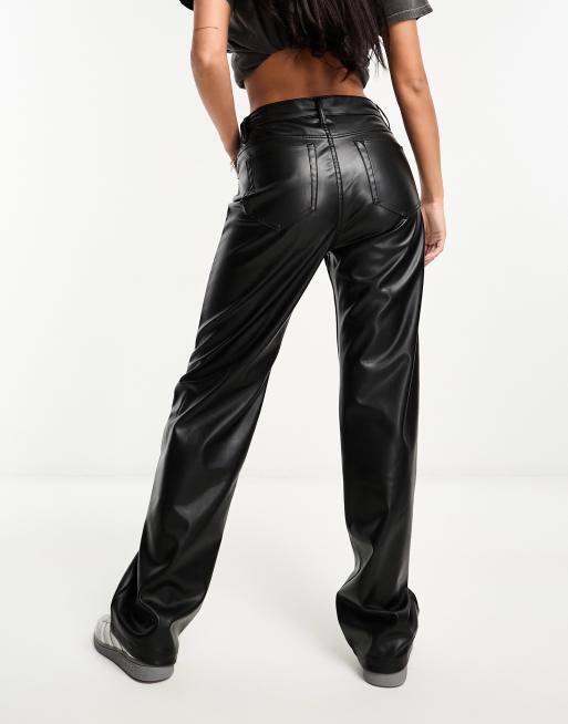 Pull&Bear faux leather high rise straight leg trouser in black