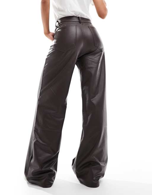 Pull&Bear faux leather high rise wide leg pants in dark brown, 3 of 5