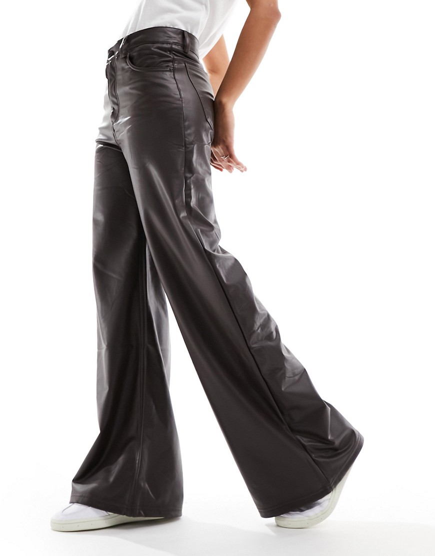 Pull & Bear faux leather high rise wide leg trouser in dark brown