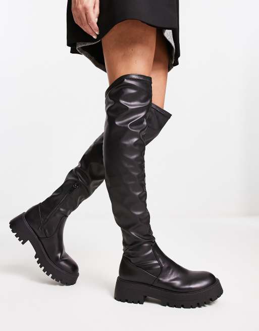 Pull Bear faux leather knee high chunky boot in black ASOS