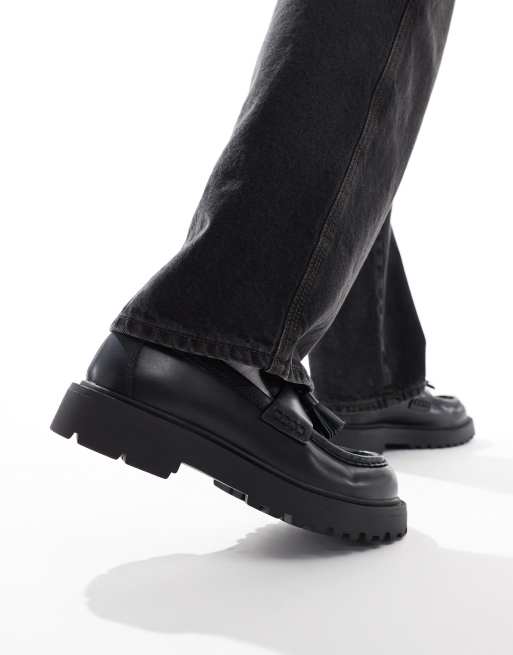 Pull&Bear faux leather loafer with tassel in black