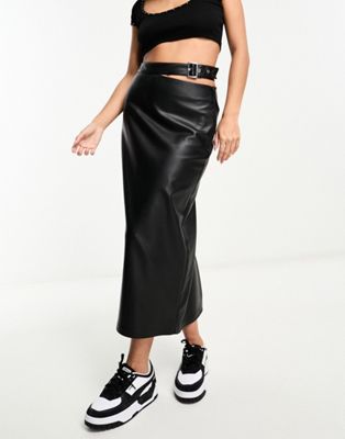 Pull&Bear faux leather midi skirt with cut out belt detail in black