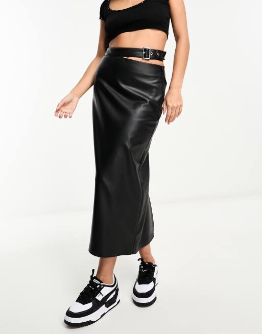 Pull&Bear faux leather midi skirt with cut out belt detail in