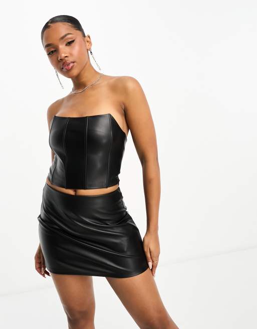 Pull Bear faux leather corset top and skirt set in black ASOS