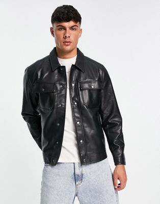 Pull&Bear faux leather overshirt in black | ASOS