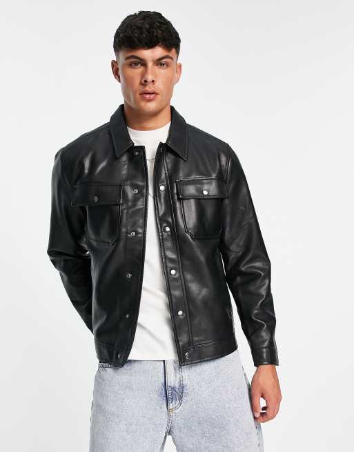 Pull&Bear faux leather overshirt in black | ASOS