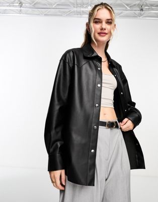 Pull&Bear faux leather overshirt in black