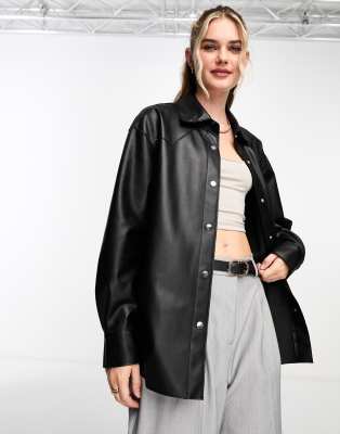 Pull & Bear Faux-leather Overshirt In Black