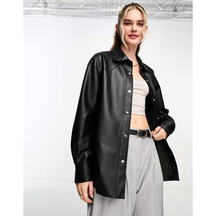 Bershka faux-leather overshirt in black