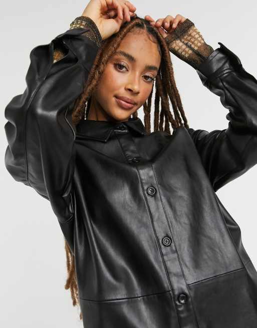 Pull&Bear faux-leather overshirt in black