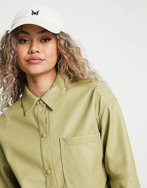Pull&Bear faux leather overshirt in green | ASOS