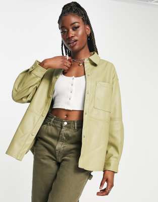 Pull & Bear Faux Leather Overshirt In Green | ModeSens