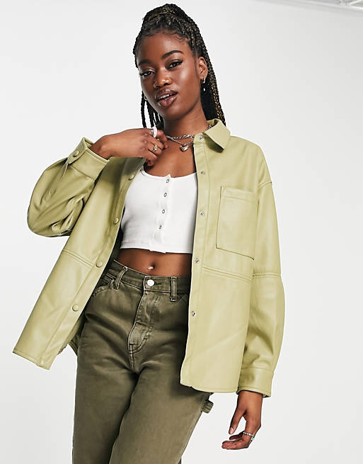 Pull&Bear faux leather overshirt in green | ASOS
