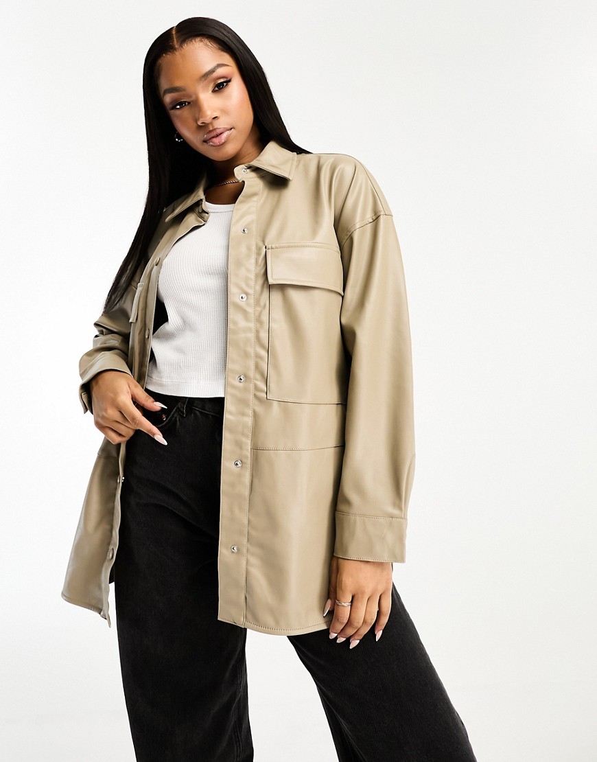 Pull & Bear Faux Leather Overshirt In Taupe-neutral