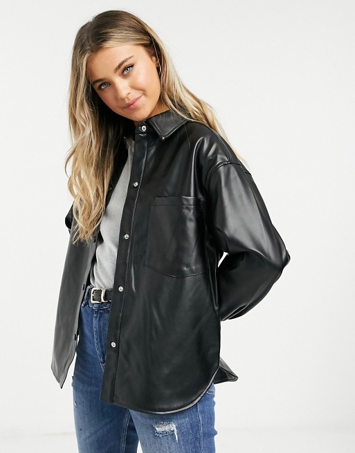 Pull&Bear faux leather overshirt shacket in black