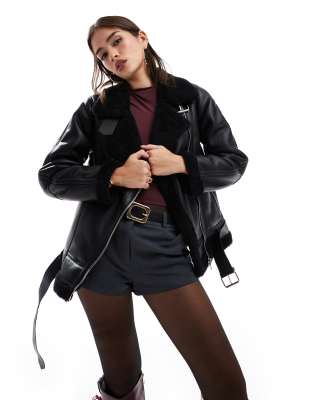 Pull&Bear faux leather oversized aviator jacket in black