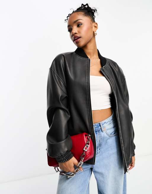 Pull&Bear faux leather oversized bomber jacket in black | ASOS