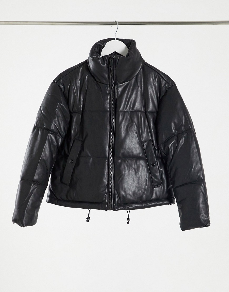 Pull & Bear faux leather padded puffer jacket in black