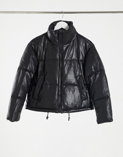 Pull&Bear faux leather padded puffer jacket in black