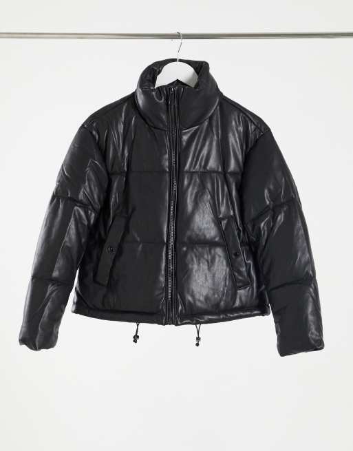 pull&bear faux leather padded puffer jacket in black