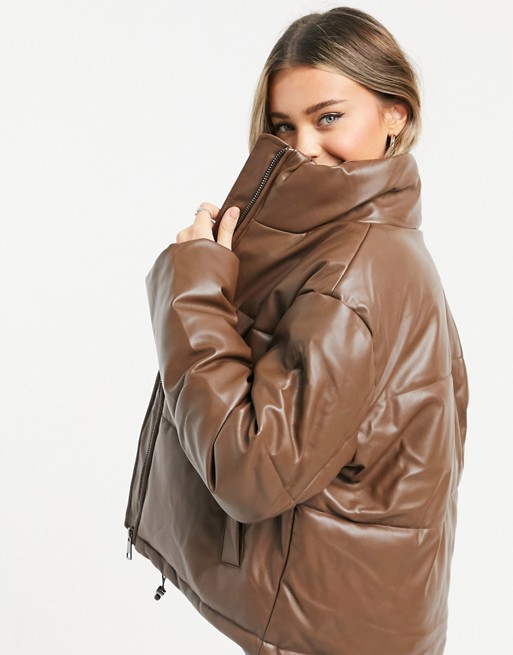 Pull&Bear faux leather padded puffer jacket in chocolate