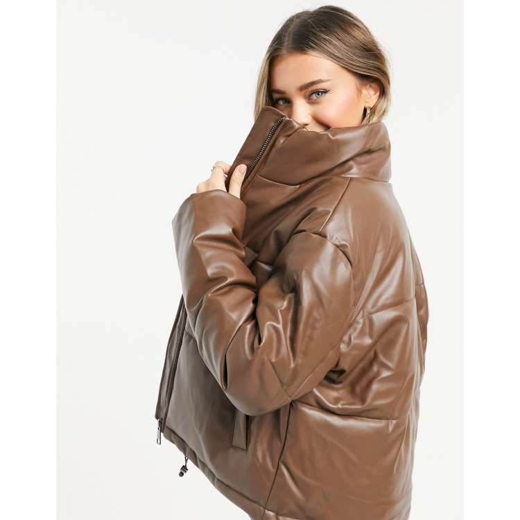 Pull&Bear faux leather padded puffer jacket in chocolate