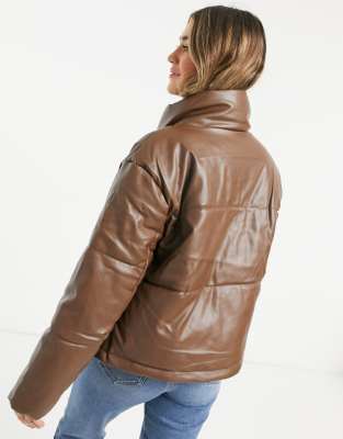 pull and bear faux leather puffer jacket