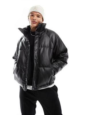 Shop Pull & Bear Faux Leather Puffer Jacket In Black