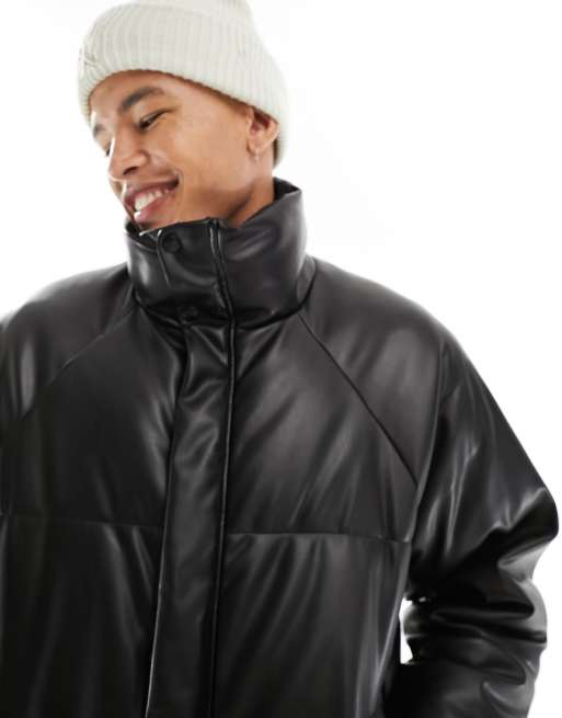 Pull&Bear faux leather puffer jacket in black