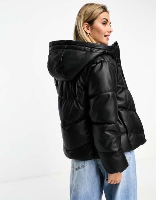 Pull Bear faux leather puffer jacket with hood in black