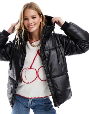 faux leather puffer jacket with hood in black