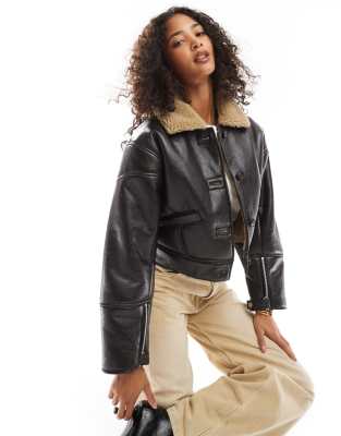 faux leather shearling collar jacket in dark brown