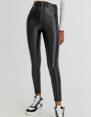 Pull&Bear high waisted faux leather flared trousers in black