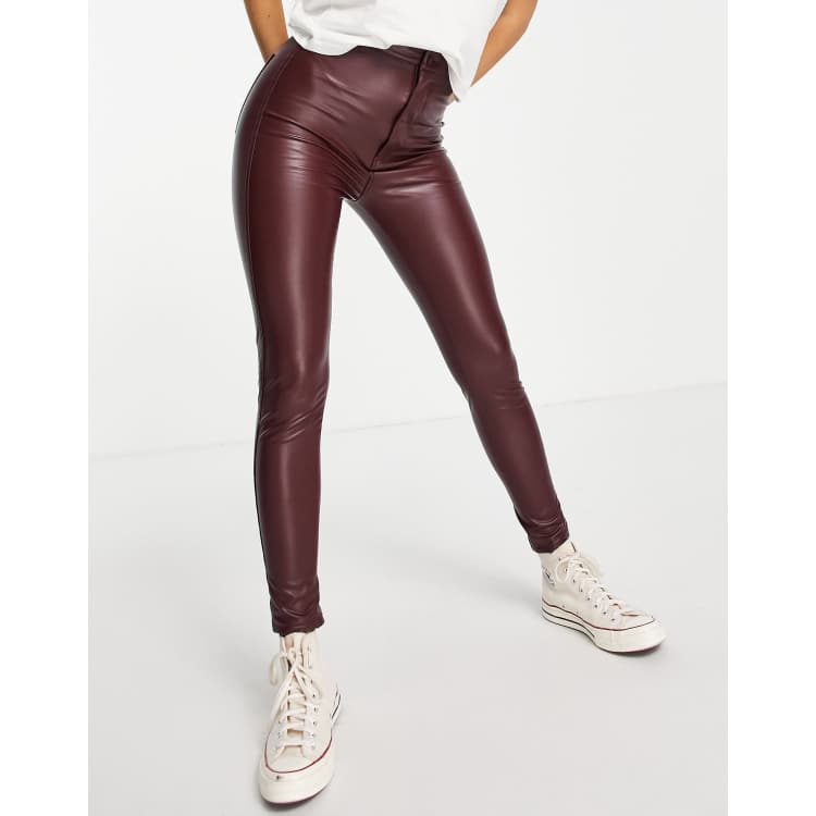 Pull&Bear faux leather skinny trousers in burgundy