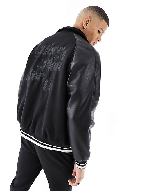 Pull&Bear faux leather sleeve bomber jacket in black | ASOS