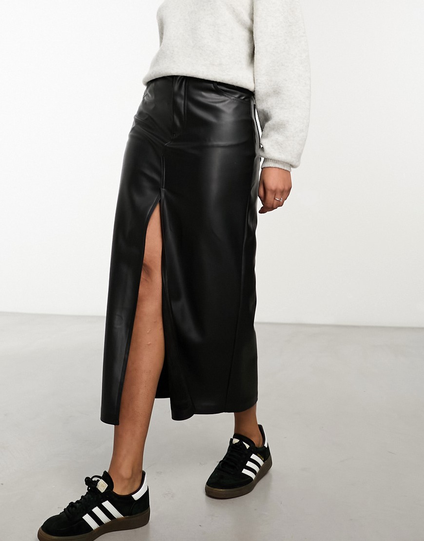 Pull & Bear faux leather split front midi skirt in black