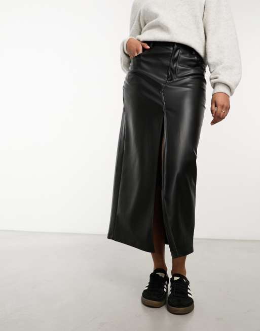 Pull&Bear faux leather split front midi skirt in black