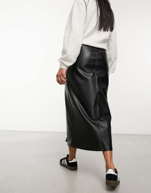 Bianca Midi Skirt - Thigh Split Faux Leather Skirt in Black