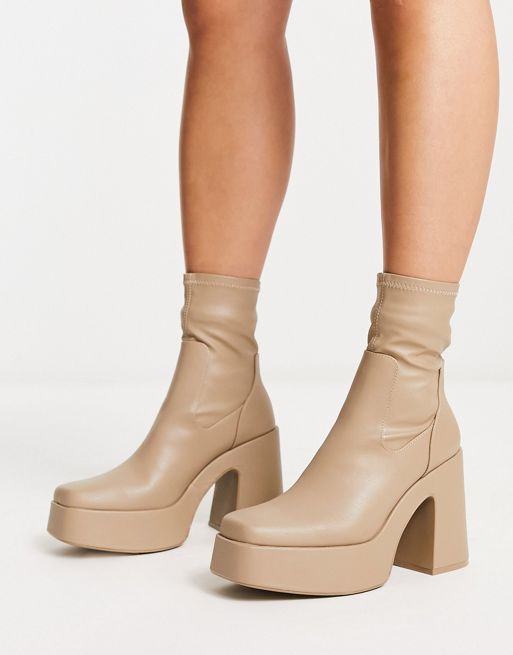 Pull&Bear faux leather super platform boots in beige