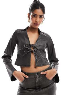 faux leather tie front shirt in washed black